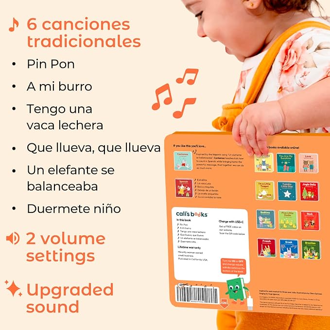 Cali's Books Spanish USB C Rechargeable Musical Book | Spanish Baby Books with 6 Songs | Libros en español para Niños y Bebes | Learn Spanish for Kids | Bilingual Musical Books for Toddlers 1-3