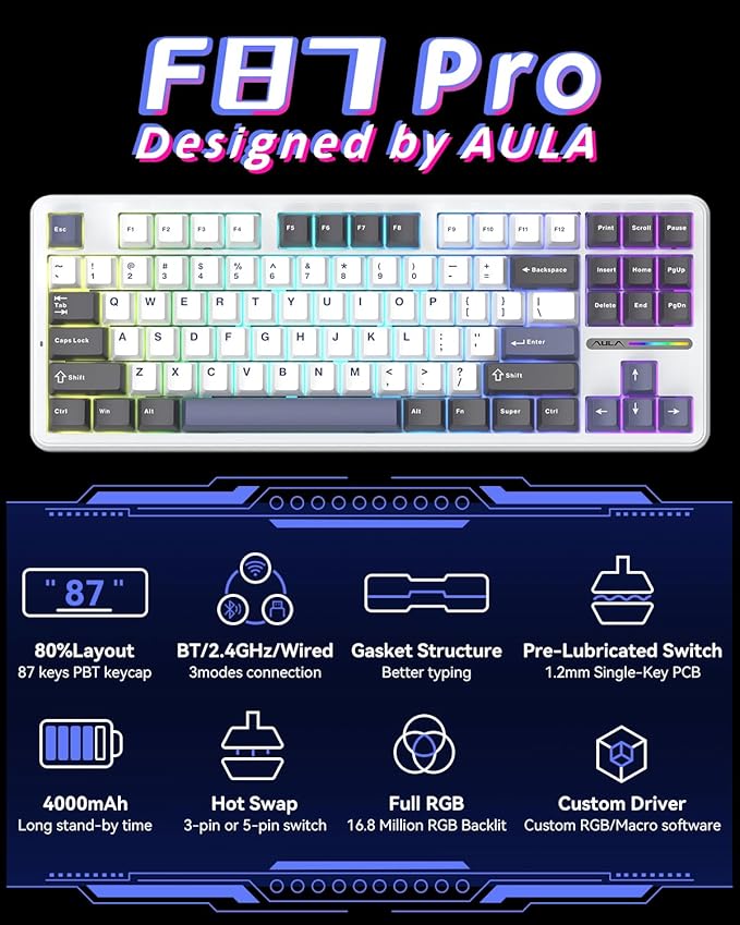 Aula F87 Pro Gaming Keyboard, Tri-Mode BT5.0/2.4GHz/USB-C Hot-Swappable RGB Wireless Mechanical Keyboard, Gasket Mount, 4000mAh, for Windows/Mac Gamer & Typists（LEOBOG Gray Wood Switch V4）