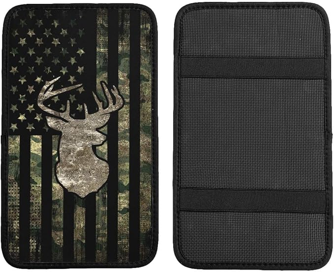 DORKEIXIA Camo Camouflage American Flag Hunting Deer Auto Center Console Armrest Pad Universal Car Center Console Cover Seat Box Cover for Sedan, Van, SUV, Truck Car Accessorie