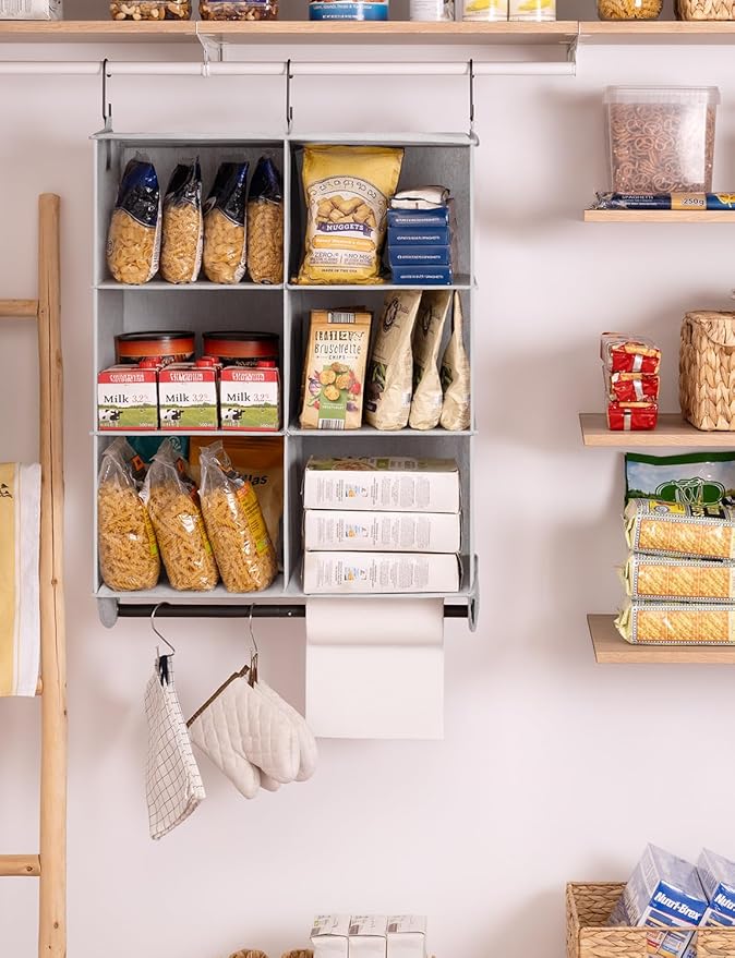 StorageWorks Hanging Closet Organizer with Metal Rod, 6-Section Closet Organizers and Storage, Collapsible Hanging Shelves for Closet, Bedroom, Kids Dorm Room, RV Camper, Grey and White