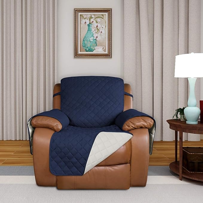 PureFit Reversible Quilted Sofa Cover, Water Resistant Slipcover Furniture Protector, Washable Couch Cover with Non Slip and Elastic Straps for Kids, Dogs, Pets (Oversized Recliner, Navy/Ivory)