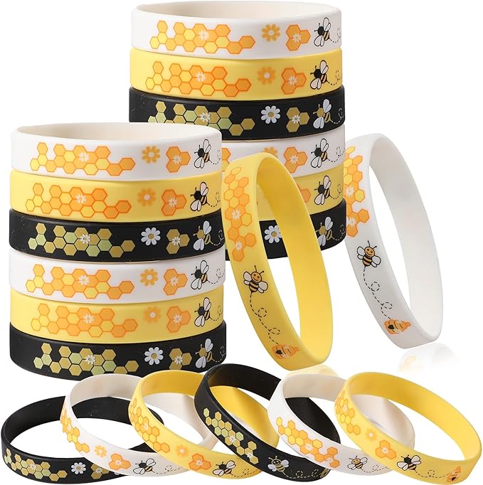 Bee Bracelet Silicone Bee Wristband Assorted Color Bee Theme Party Favors Bee Teachers Decorations Classroom Decorations Bees Wristband for Boy Girl Bee Birthday Baby Shower Party Supply (48 Pieces)