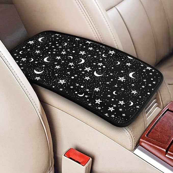 DORKEIXIA Black and White Moon Star Auto Center Console Armrest Pad Universal Car Center Console Cover Seat Box Cover for Sedan, Van, SUV, Truck Car Accessorie