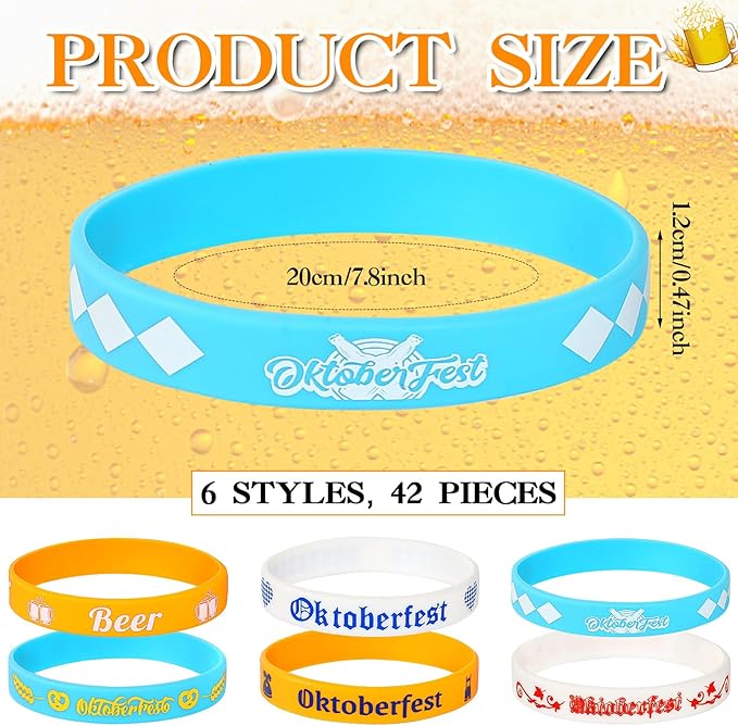 JUNEBRUSHS 42pcs Oktoberfest Party Favors Silicone Bracelets Rubber Wristbands Accessories for Beer Festival Oktoberfest Party Bavarian Style Decorations Supplies(6 Designs)
