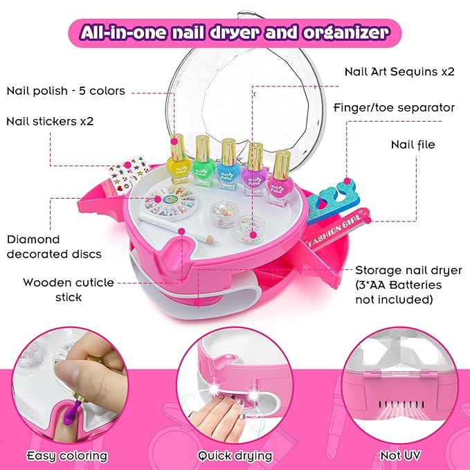 BATTOP Kids Nail Polish Set for Girls, Nail Art Kit for Kids with All-in-One Organizer Nail Dryer, Polish, Stickers, Gems, Filer - Ideas Gift for Girls 6 7 8 9 10 11 12 - Dress-Up Toy