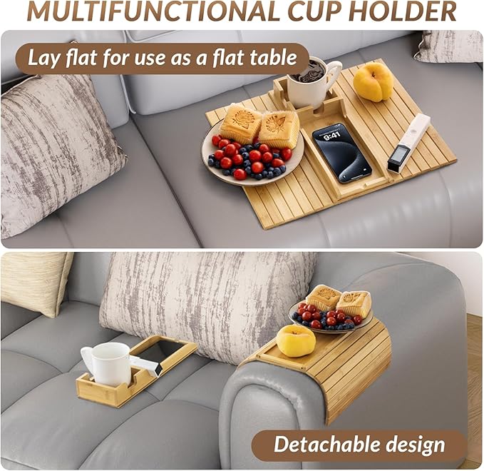 FUNKYLEE Bamboo Couch Armrest Table, Arm Tray with Removable Couch Cup Holder, 2 in 1 Design Foldable Anti-Slip Bamboo Sofa Arm Tray for Remote Controls, Phones, Cups and Snacks