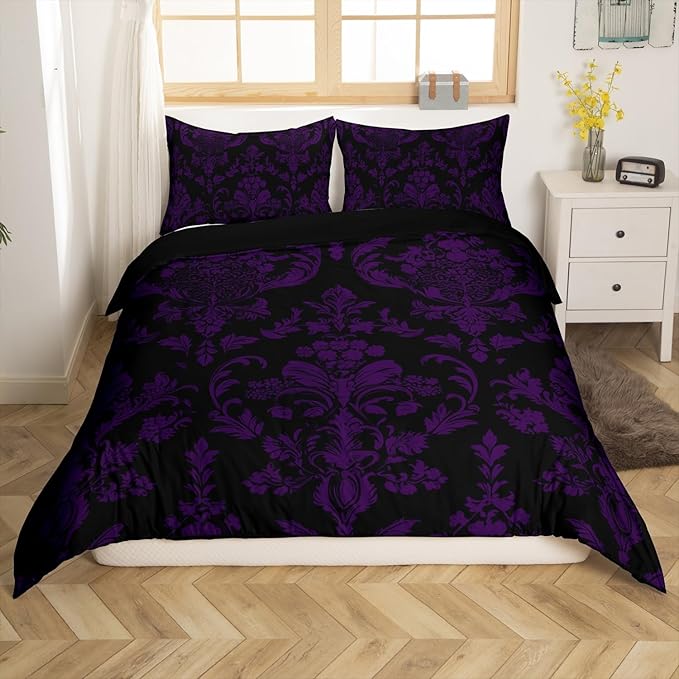 Feelyou Purple Black Vintage Damask Floral Duvet Cover Set Gothic Bohemia Floral Bedding Set Twin Size for Kids Boys Girls Oriental Antique Comforter Cover Luxury Flower Quilt Cover,No Comforter