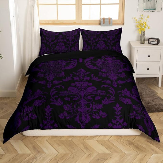 Feelyou Purple Black Vintage Damask Floral Duvet Cover Set Gothic Bohemia Floral Bedding Set Twin Size for Kids Boys Girls Oriental Antique Comforter Cover Luxury Flower Quilt Cover,No Comforter