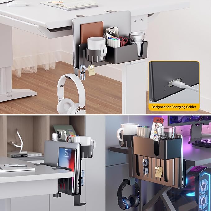 KDD 7 in 1 Desk Side Organizer Set, Under Desk Laptop Holder Storage, No Drill Laptop Stand Mount with 2 Cup Holder, Pen Holder, Headphone Hanger and 2 Pin Magnet, Detachable Hanging Stand