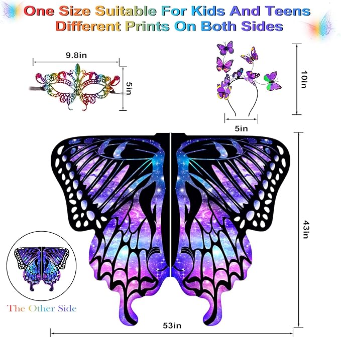 Butterfly Wings For Girls, Double-Sided Fairy Wings, Halloween Costumes for Kids, 3PCS Butterfly Cape Set.