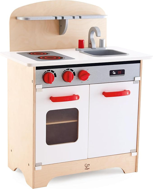 Hape Gourmet Kitchen Toy Fully Equipped Wooden Pretend Play Kitchen Set with Sink, Stove, Baking Oven, Cabinet, Turnable Knobs & Spice Shelf, Red