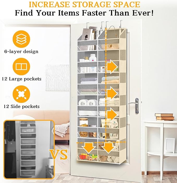 Over The Door Organizer 6 Tiers, Extra Large Behind Door Storage of 12 Compartments, 80 lbs Weight Capacity Hanging Storage Organizer with Clear Window Kids Toys,Shoes,Diapers,Room Storage,Light Grey