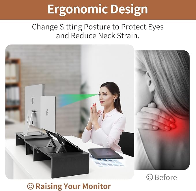 Dual Monitor Stand Riser - Computer Monitor Stand for 2 Monitors，Office Desktop Organizer，Adjustable Length and Angle 3 Shelf with Storage Drawer Phone Holder for Monitors and Laptops-Black