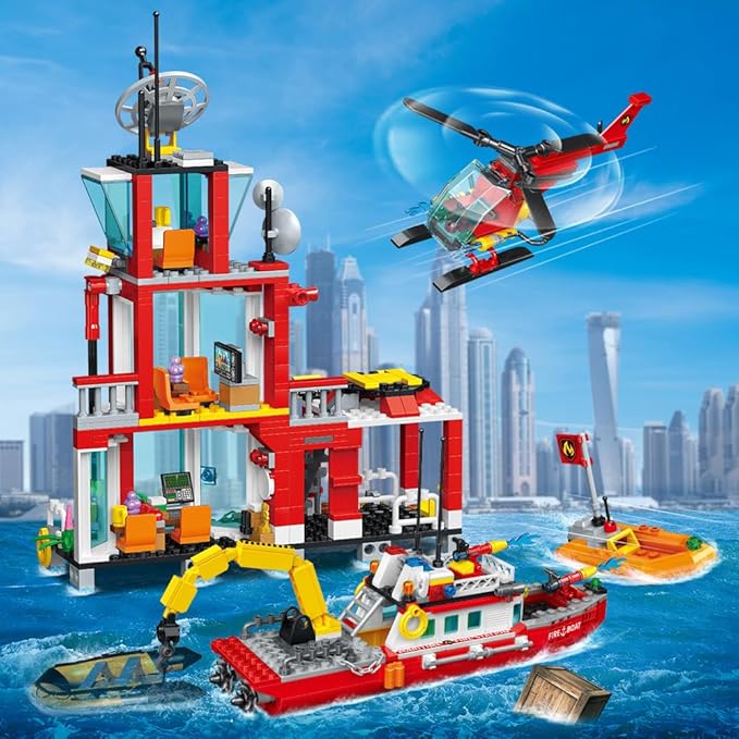 City Marine Fire Station Building Sets,740pcs STEM Toys Building Blocks Gift for Boys 6+ (Compatible with Lego)