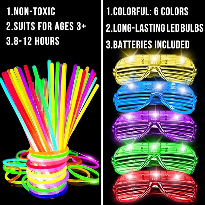 125 Pack Glow in The Dark Party Supplies Light Up Party Favors with 100 Glow Sticks and 25 Led Glasses Shutter Shades Sunglasses Neon Glow Accessories for Kid Adult Wedding Birthday Concert Party