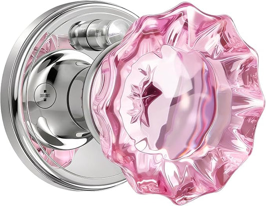 SHINY HANDLES Pink Glass Door Knobs Interior Rose Shape with Lock, Crystal Door Knob Interior Polished Chrome Privacy Door Knob for Bedroom and Bathroom