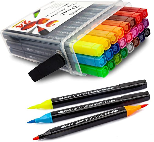 AIHAO Markers for Kids,Washable Markers With Stand Portable Box,Dual Tip Set, Brush & Fine Tips, 24 Pack, Art Supplies for Coloring, Doodling, Sketching, Drawing, Journaling