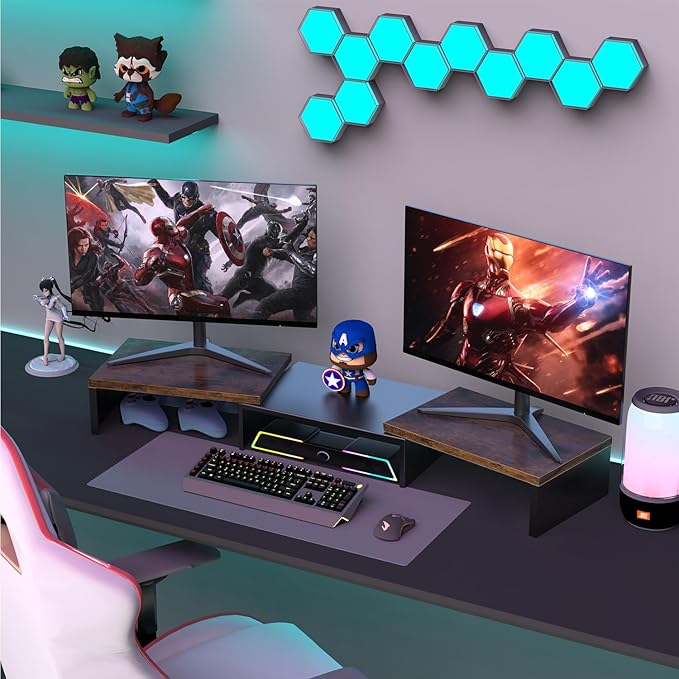 OUTIOE Dual Monitor Stand for Desk, Wooden Monitor Riser, Desk Shelf for Top of Desk, Computer Stand for Home and Office Use (Wood)