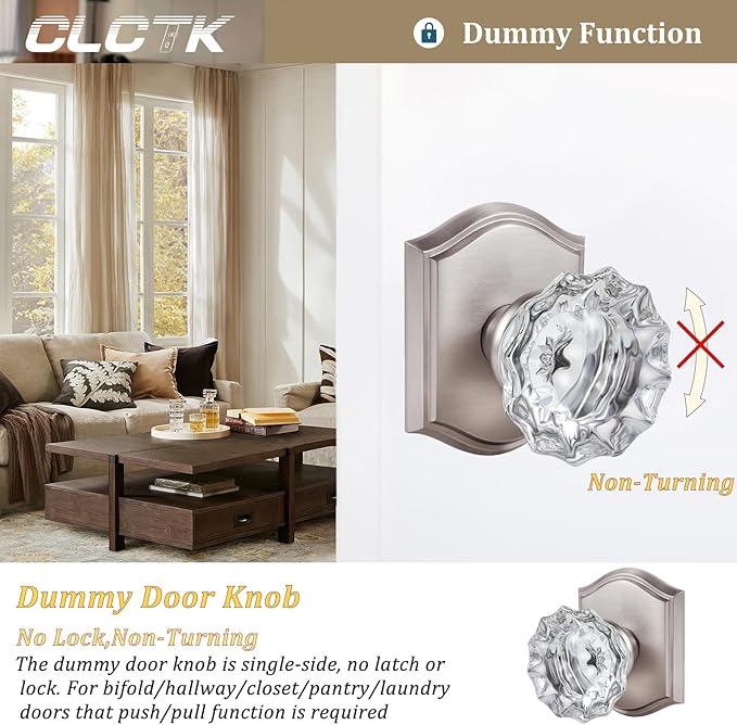 CLCTK 2 Pack Crystal Dummy Door Knobs, Non-Turning Single Side Dummy Door Knob, Brushed Nickel