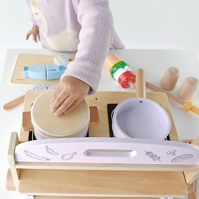 Children's Wooden Foldable Portable BBQ Mini Kitchen & Grill Toy,2In1 Kids Toy Grill Stove and Tablekitchen Cooking Set with Accessories for Toddlers Boys Girls Age 3+