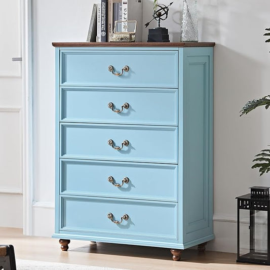 Farmhouse 5 Drawer Dresser for Bedroom, 45" Tall Rustic Chests of Drawers w/ 4 Solid Wood Feet, Mid Century Modern Wooden Closet Storage Dressers Organizer for Living Room, Hallway, Light Blue