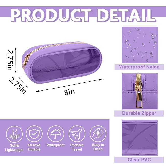 UIXIZQ Clear Small Pencil Pouch Makeup Bag for Purse,Nylon&PVC Pencil Case Waterproof Makeup Brush Holder with Zipper,Preppy Transparent Pen Bag Travel Cosmetic Bag for Women Men Office(Slim-Purple)