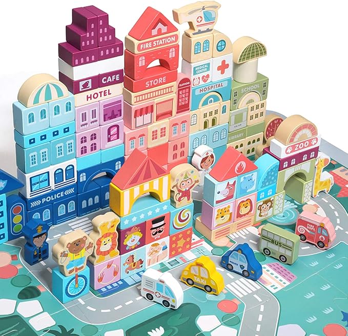 120PCS Wooden Blocks, Preschool Learning Educational Toys, Wooden Toddler Toys with City Map Construction, Stacking Blocks for 3+ Years Old Kids Boys Girls Children (Multicolored)