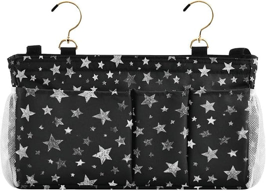 Sparkly Silver Stars Bedside Caddy for Dorm Bed Bedside Hanging Caddy Bag Iron Frame Storage Organizer Pocket for Bunk Home College Hospital Beds 2 Hooks