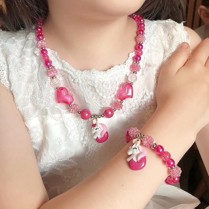 4 Sets Baby Girl Unicorn Necklace Bracelet Set Dress up Princess Pretend Play Necklace Bracelet Jewelry Gift for Toddlers Kids Jewelly Set in Gift Box