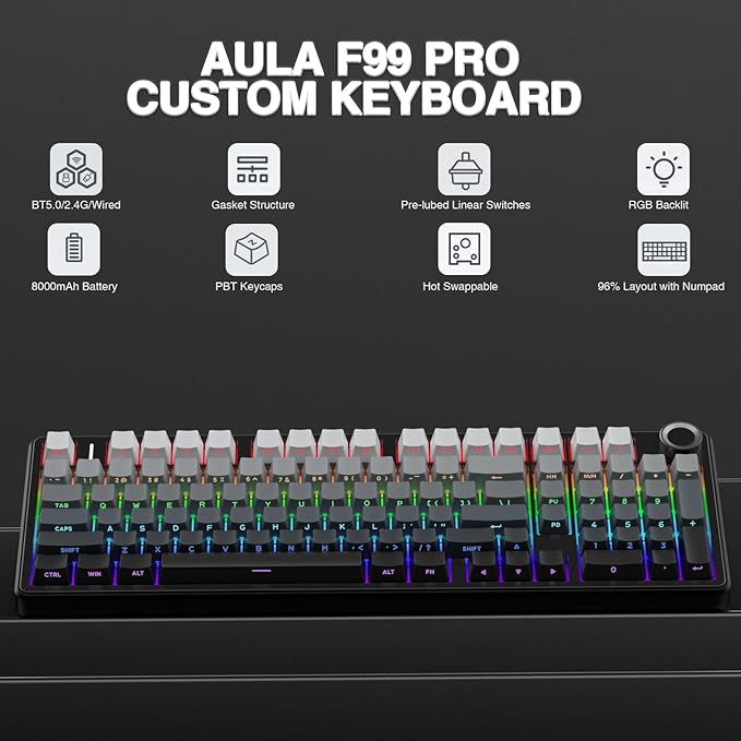 AULA F99 Pro Wireless Mechanical Keyboard with Knob,Gasket Structure,Tri-Mode BT5.0/USB-C/2.4GHz Hot Swappable Keyboard,Creamy Sound,RGB Backlit PBT Keycaps Computer Gaming Keyboards