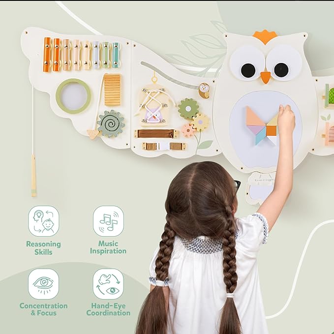 Beright Owl Activity Wall Busy Board Panels, Montessori Sensory Toys, Toddler Learning Activity Center, Perfect for Toddler Playroom & Children's Daycare, White