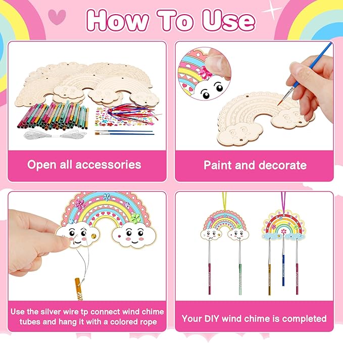 Fennoral 10 Rainbow Wind Chime Craft Kits for Kids Make Your Own Wind Chime Ornament DIY Coloring Wooden Art and Craft for Classroom Art Projects Spring Christmas Birthday Decorations