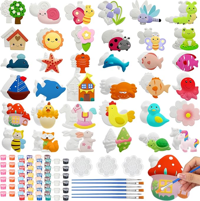 HyDren 81 Pcs Kids Arts and Crafts Set Painting Kit Plaster Painting Craft Kit Paint Your Own Ceramic Figurines DIY Nature Animals Paintable Ceramics Plaster Drawing Kits for Kids Girls Boys Toddlers