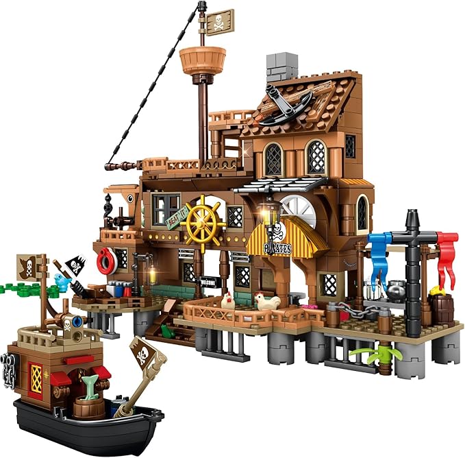 RiceBlock Pirate Ship Building Toys, Pirate Wharf Themed City Store Building Bricks Sets for Boys Age 8-12, 573 Pieces, Ideal for New Year 2024