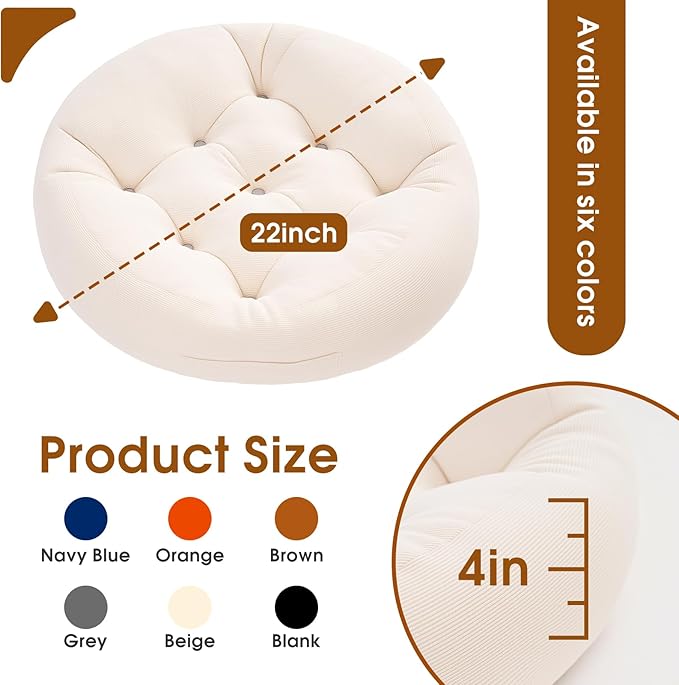 2Pcs Floor Pillows for Adults, 22x22 Inch Meditation Cushions, Large Round Sitting Cushion Living Room Memory Foam Pillow for Sitting (1, Beige, 22x22x4 Inch)