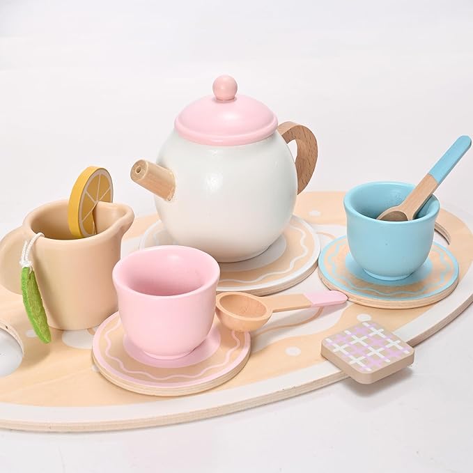 23pcs Wooden Tea Set for Little Girls, Toddler Tea Set Wooden Toys Play Kitchen Accessories with Cupcake Stand and Tray, Kids Tea Party Set Pretend Play Food Birthday Gift Playset