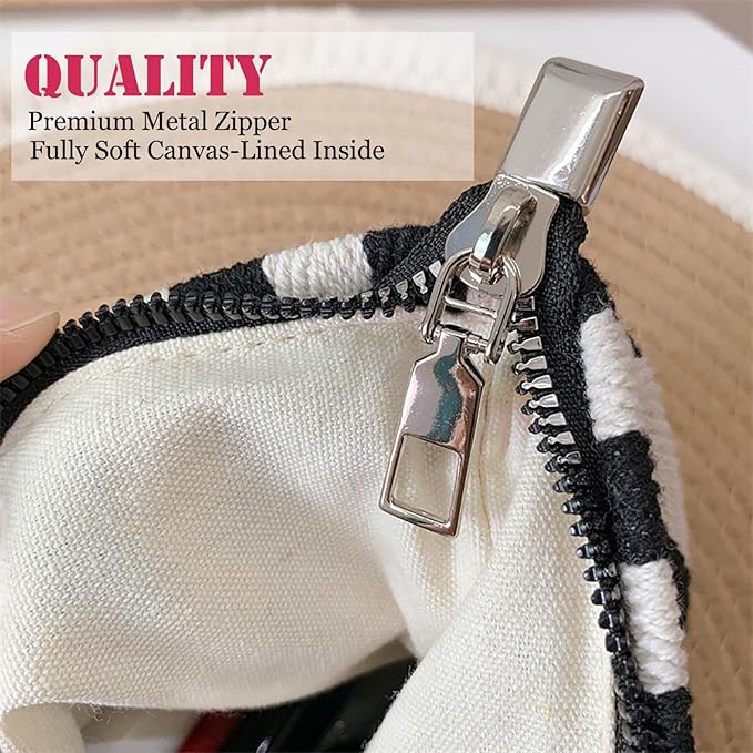 HAPPYHEIDI Small Black White Stripe Makeup Brush Bag Zipper Pouch Women Girls Purse Organizer,Canvas Lined, Premium Zipper