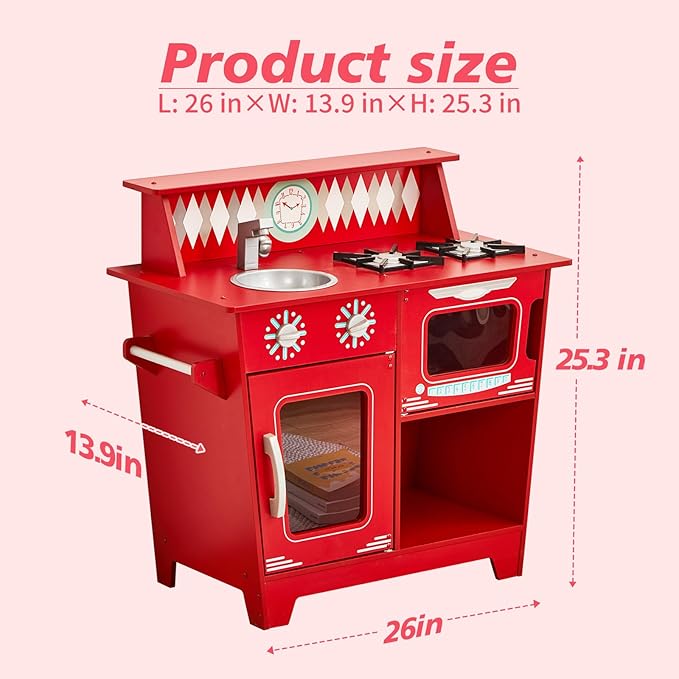 Classic Kitchen Playset, Wooden Play Kitchen for Toddler, with Toy Storage Space, Sink, Faucet and Burners, Microwave Oven, Gifts for Ages 3-8