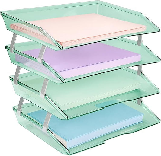 Acrimet 4 Tier Paper Letter Tray Side Load Letter Size, Office Desk File Document Organizer Plastic (Clear Green)