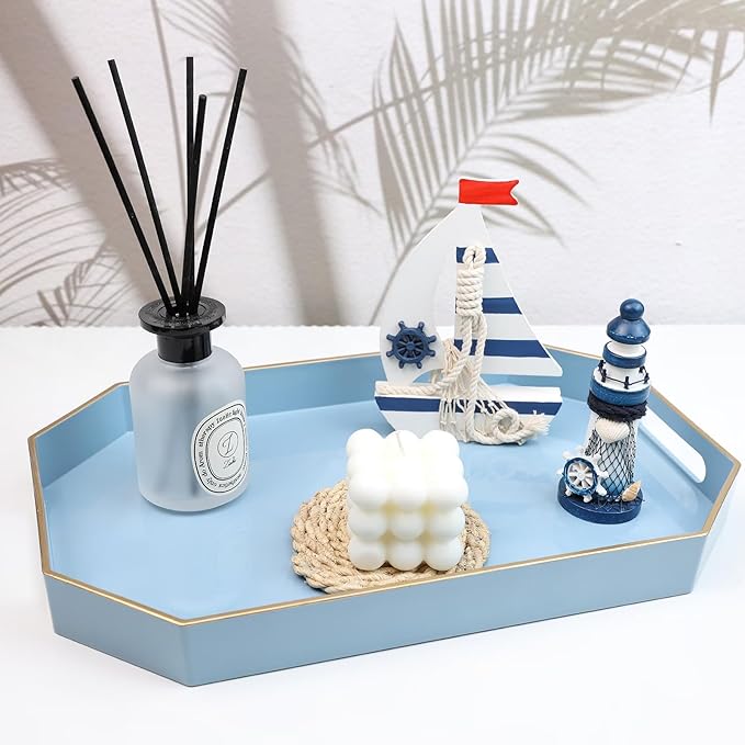 Spsyrine Blue Plastic Serving Tray for Ottoman, Coffee Table, Octagon Decorative Tray for Entertaining, Outdoor, Living Room, Home Decor