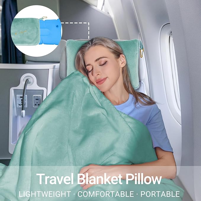 CLEXION Travel Blanket & Pillow Set, 300 GSM Soft Fleece, 60x43 Inches, 3-in-1 Airplane Blanket, Travel Pillow and Blanket Set, Travel Blanket Airplane Compact with Bag, Travel Essentials,Mint Green