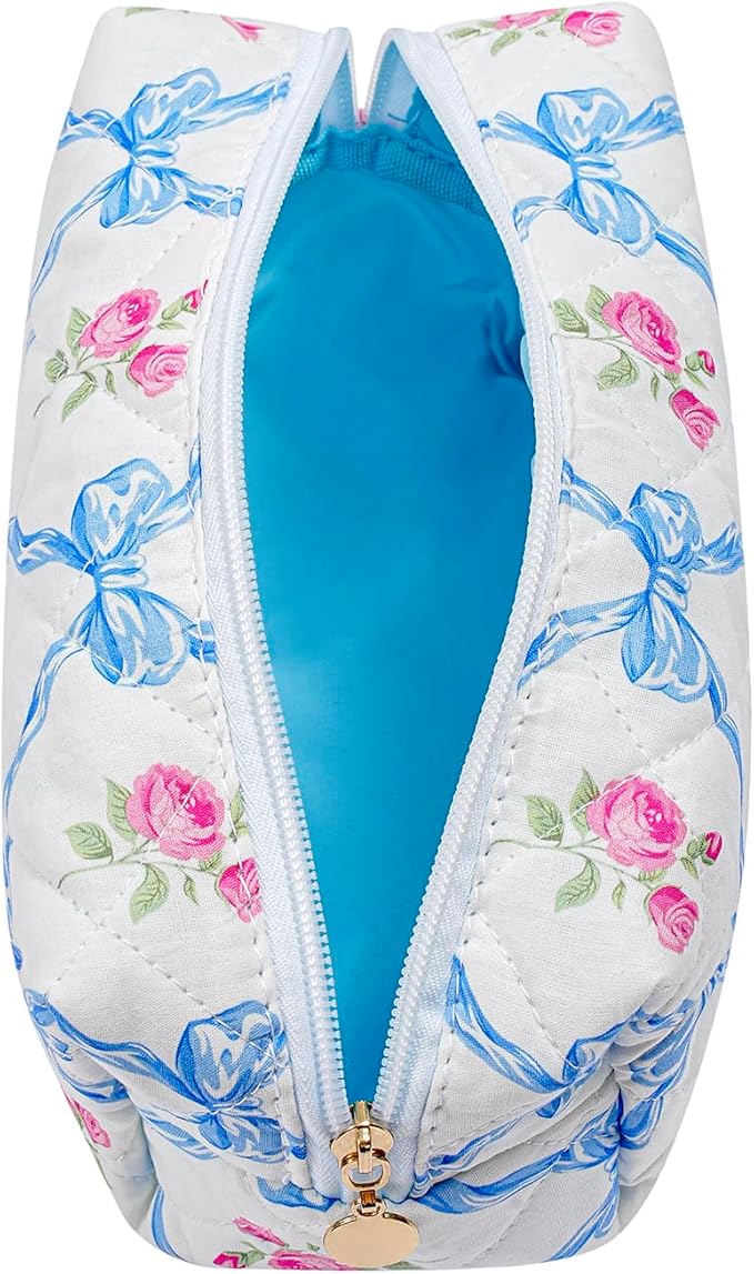 HHQQWZ Makeup Bag Travel Cosmetic Bag for Women Girls, Zipper Make Up Pouch, Floral Flowers Toiletry Organizer Makeup, Portable Storage Bag, Cosmetic Travel Cloth Bag (2 Pack (L+S)/Blue Bowknot)