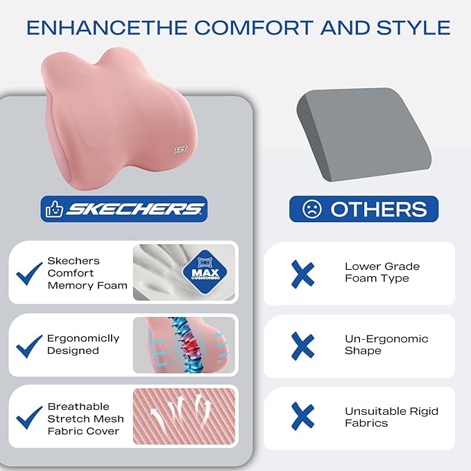 Skechers Women’s Lumbar Pillow,Memory Foam Lumbar Support Pillow for Office,Chair Lower Back Pain Relief Lumbar Pillow,Ergonomic Design Back Support Pillow for Office Chair,Car,Home,Travel,Pink