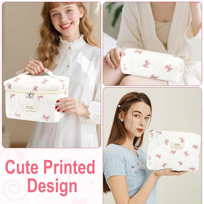 URSKYTOUS 3Pcs Cotton Quilted Makeup Bag for Women Extra Large Coquette Small Floral Travel Cosmetic Bag Set Aesthetic Cute Bow Makeup Pouch Portable Toiletry Bag Puffy Essential Storage Organizer