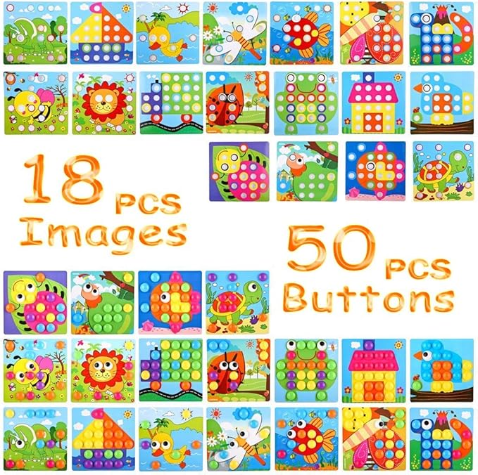 TINOTEEN Button Art Toy for Toddlers,Toddler Activities Crafts Color Matching Early Learning Educational Mosaic Pegboard 50 Buttons and 18 Pictures