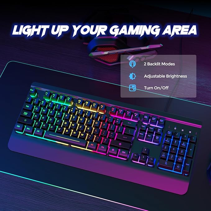RisoPhy Gaming Keyboard, 104 Keys All-Metal Panel, Rainbow LED Backlit Silent Computer Keyboard, Wrist Rest, Multimedia Keys, Anti-Ghosting, Waterproof Light Up Wired Keyboard for PC Mac Gamer
