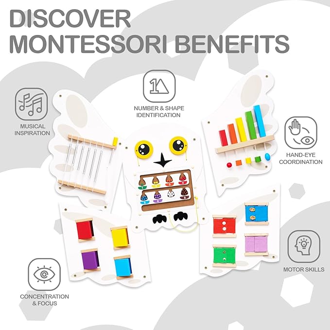 Monläurd® Owl Montessori Busy Board,Sensory Board,Educational Toys,Activity Cube,Wall Toys,Daycare Furniture,Playroom Furniture,Interactive Toys,Wooden Toys,Learning Toys,Boys and Girls 6 M+