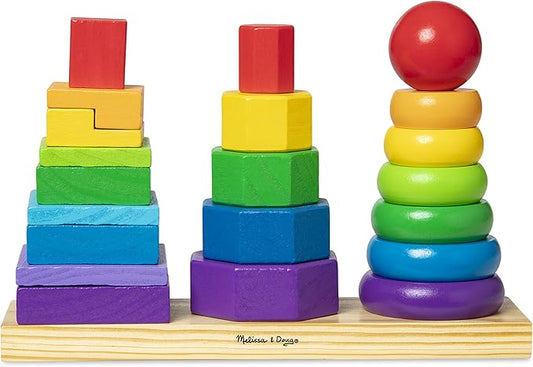 Melissa & Doug Geometric Stacker - Wooden Educational Toy Wooden Shape Sorter And Stacking Toy, Stacking Tower For Babies, Toys For Toddlers And Kids Ages 2+
