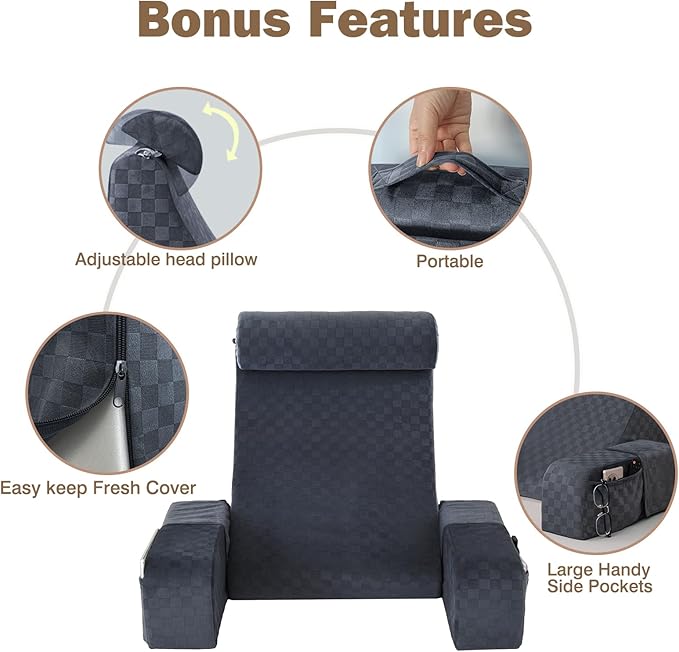 Vekkia 21" Large Reading Pillow with Adjustable Arms & Headrest – Wide Backrest Cushion for Adults with Extra-Large Pockets for Reading, TV, Gaming & Work, Recovery on Bed & Floor, 21"(Grace Grey)