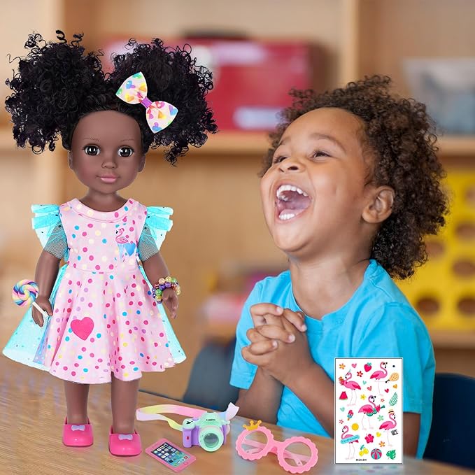 Black Dolls 14.5 Inch Baby Girl Doll with Clothes and Accessories,African Girl Baby Doll Gift for Girls Kids with Doll Pink Flamingo Theme Dress,Camera,Sunglasses Etc